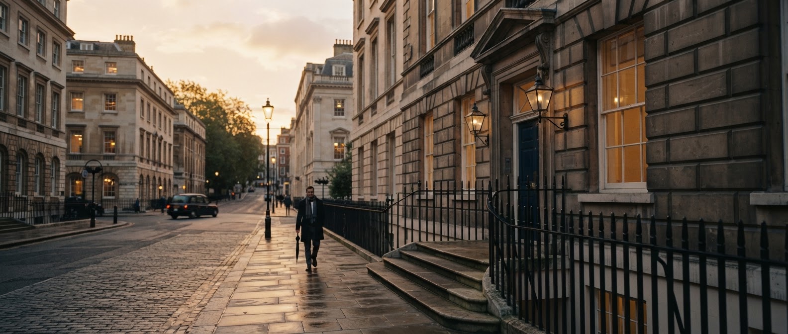 A London street of classical stone buildings at dusk